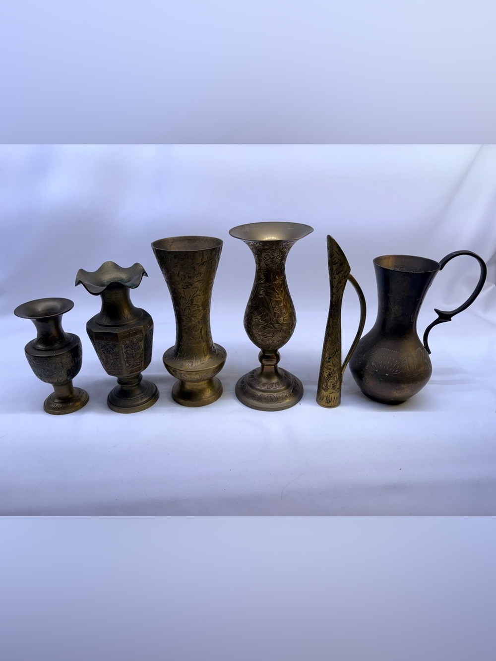 Vintage Ornate Etched Brass Vases & Pitcher - Set of 6 Assorted Patina Decor